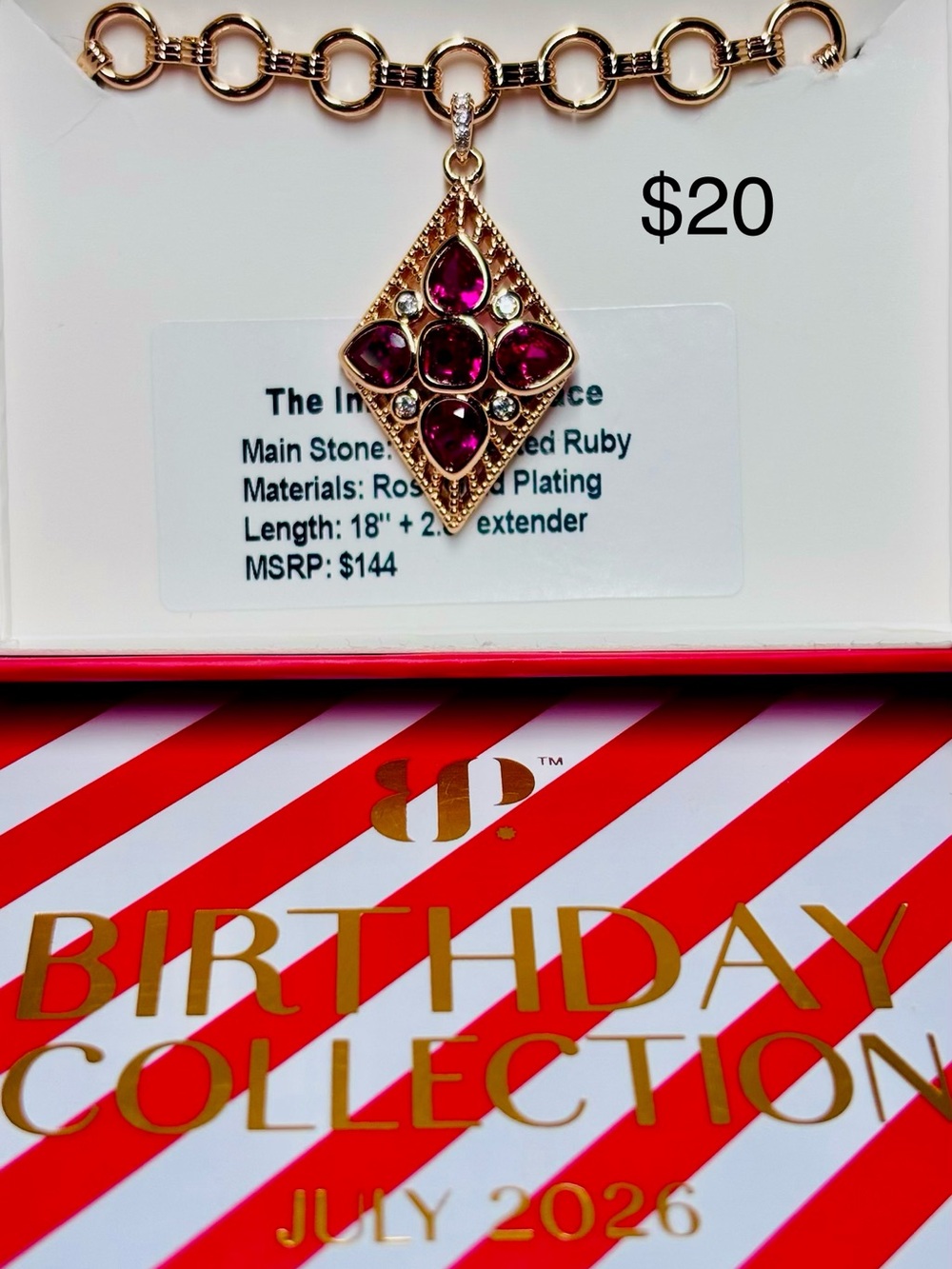 Birthday Collection Rose Gold Pendant Necklace with Ruby-Tone Stones